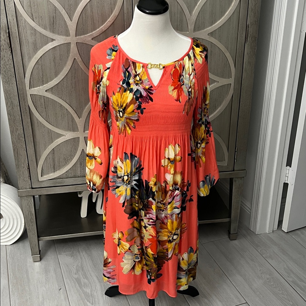 Floral Coral Dress with 3/4 Sleeves